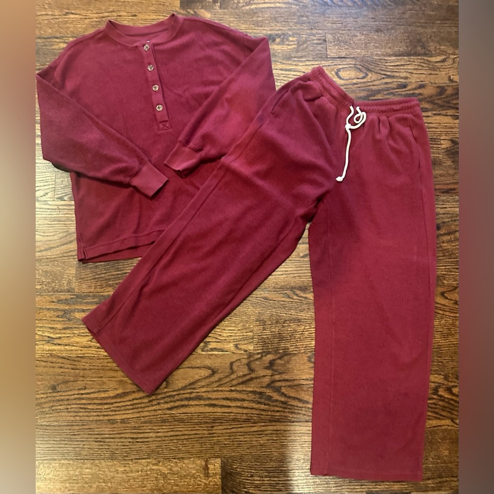 aerie Burgundy Henley Thermal Sweatshirt & Drawstring Lounge Pants Set